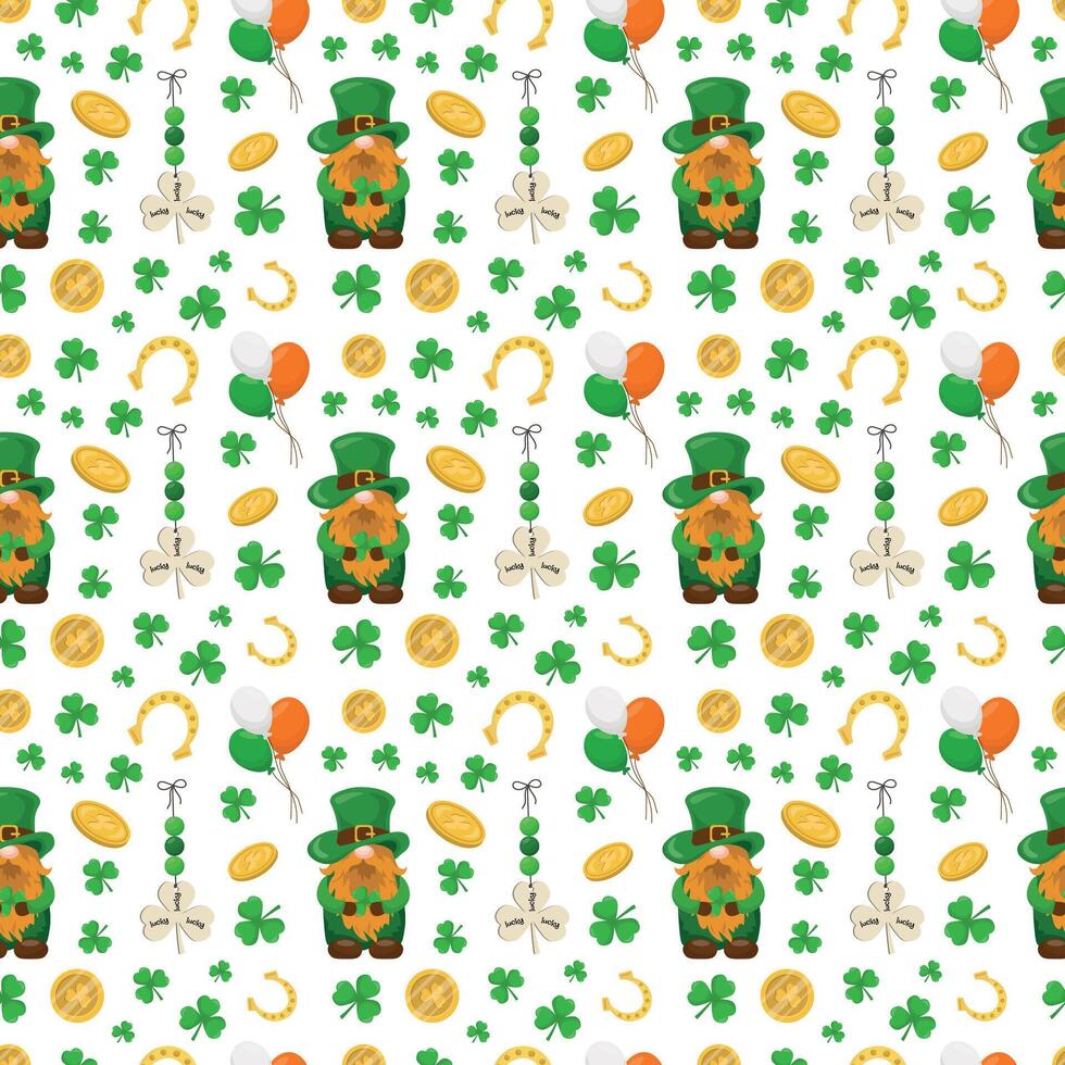 St. Patrick's Day seamless pattern with leprechauns, coins and clover, horseshoe, lucky symbol and Irish flag balloons on white background. Vector illustration