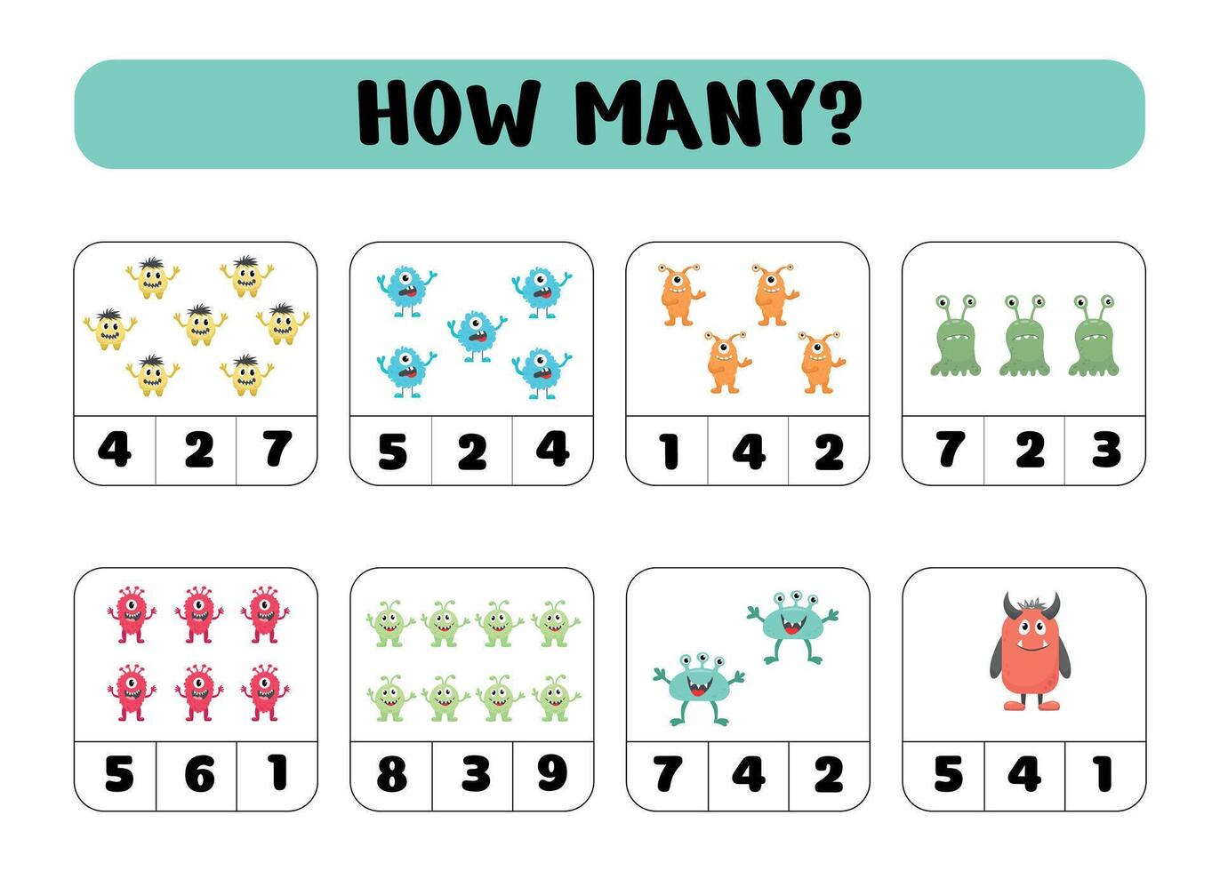How many monsters. Mathematical game for preschoolers. Count and write. Vector illustration