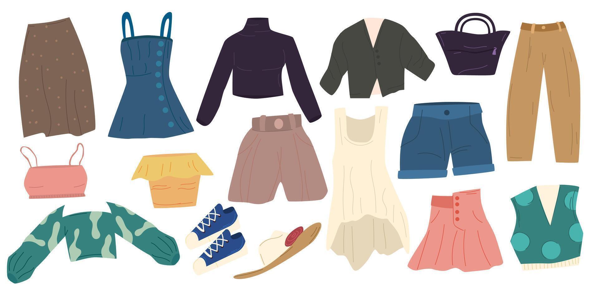 Set of clothes. A variety of fashionable clothes. Women's dresses, skirts, trousers, sweaters. Vector illustration in modern style.