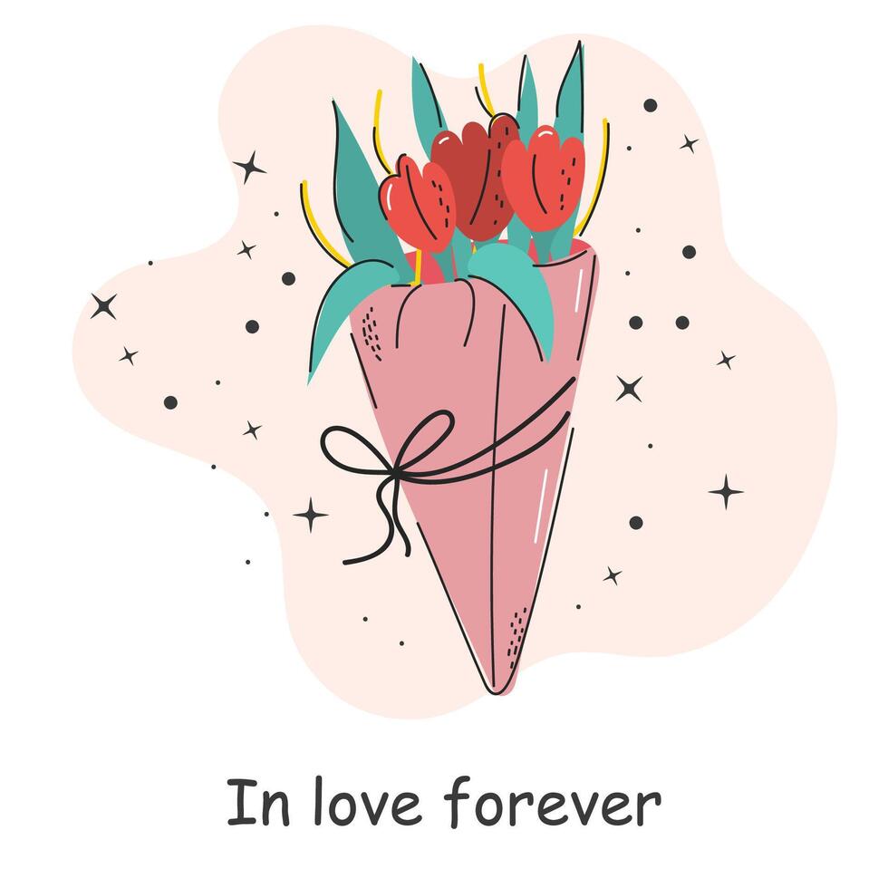 Postcard with an inscription about love. Flowers bouquet. Valentine's Day. Vector illustration with elements on a white background.