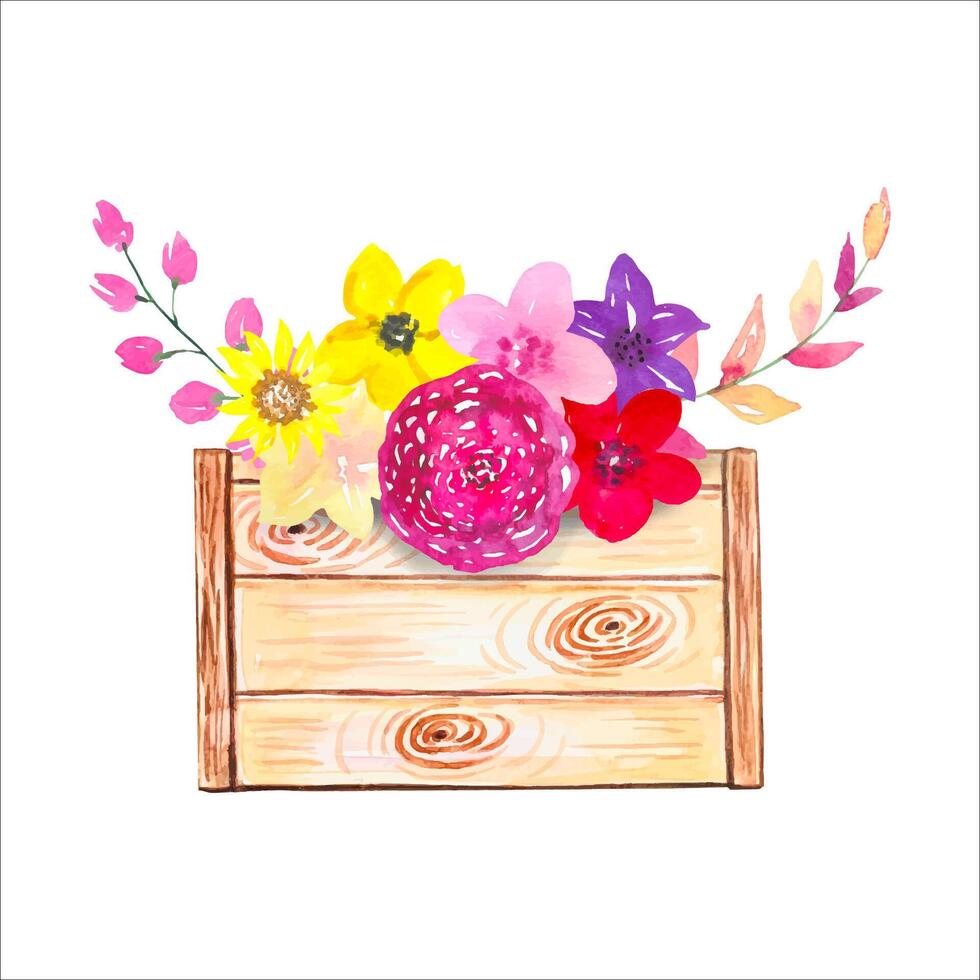 Wooden box with abstract flowers, watercolor vector