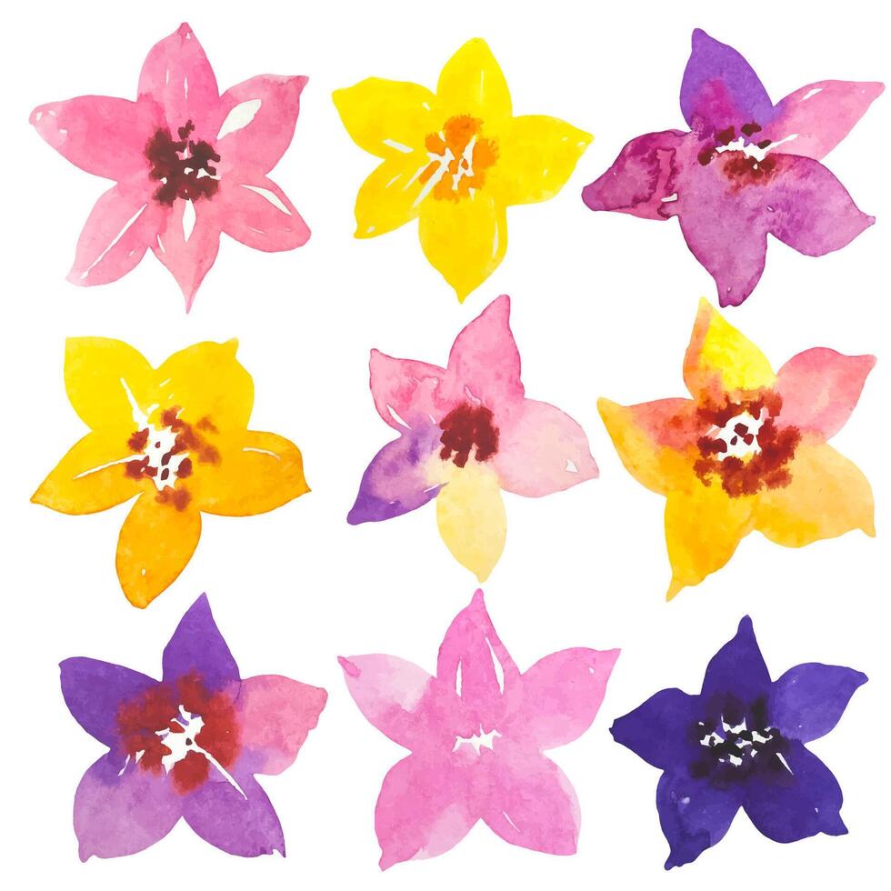 Hand drawn abstract watercolor flowers, set with watercolor flowers in pink, yellow, purple tones. vector
