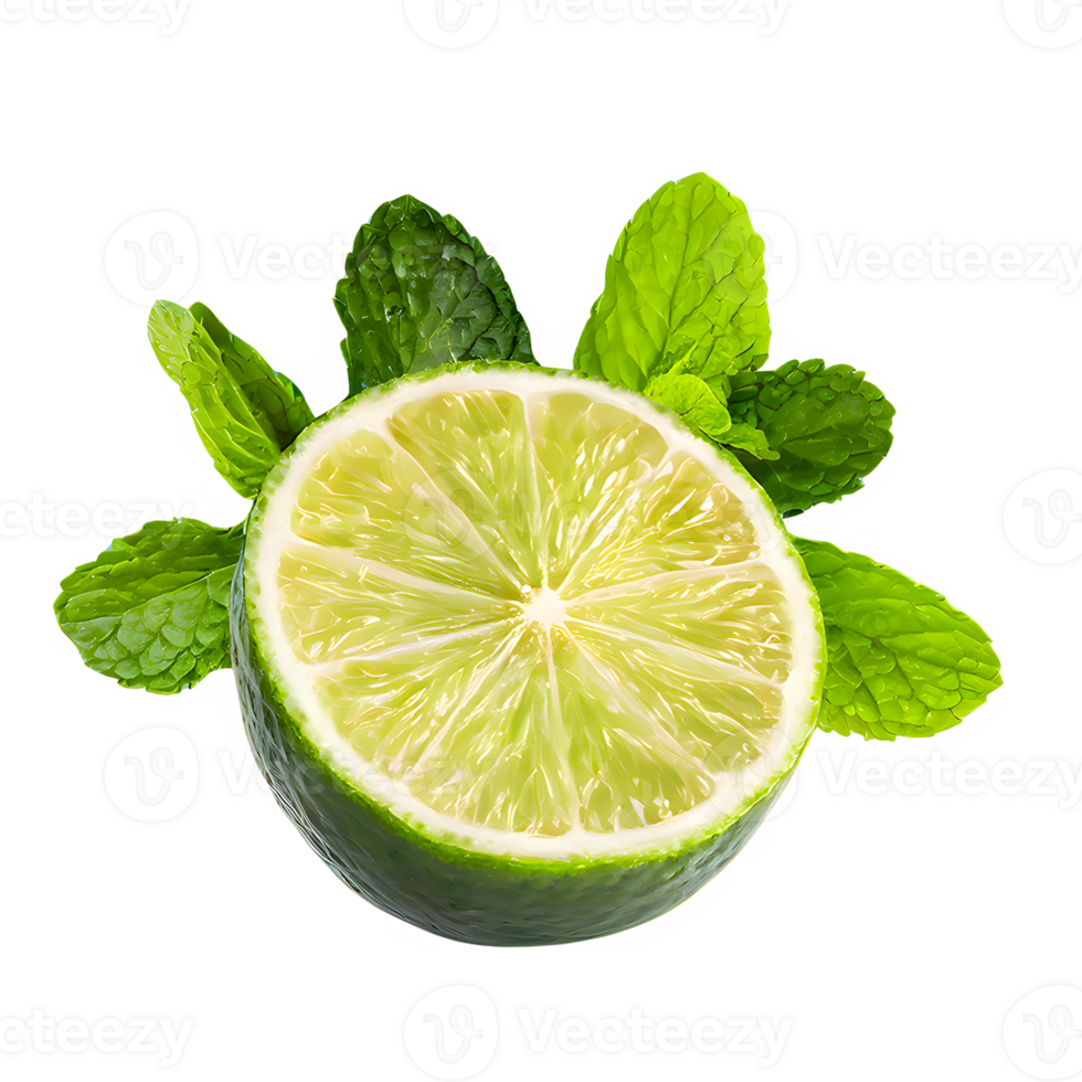 ai généré Frais citron vert tranché avec menthe feuilles isolé sur transparent Contexte png