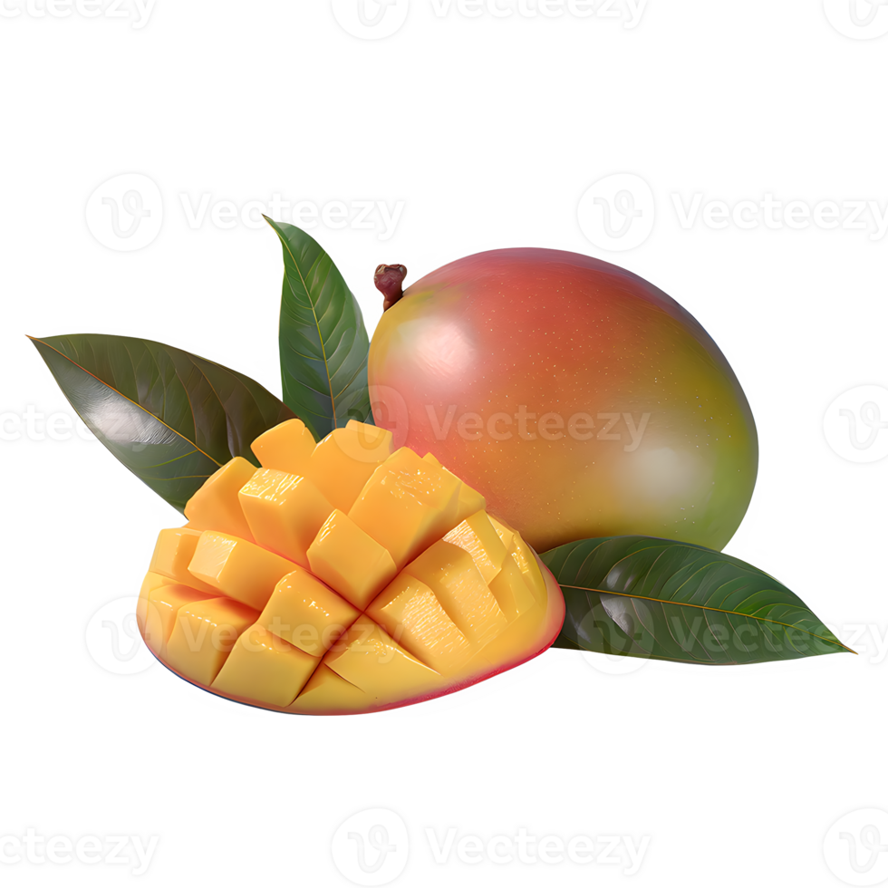 AI generated Mango fruit and sliced with leaves isolated on transparent background png