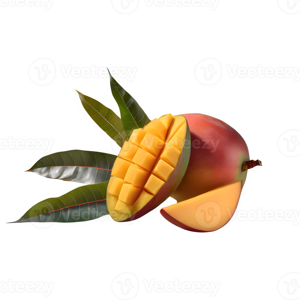 AI generated Mango fruit and sliced with leaves isolated on transparent background png