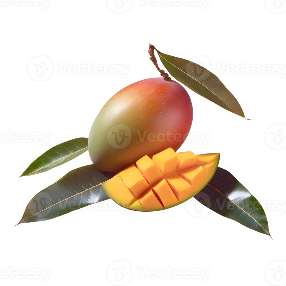 AI generated Mango fruit and sliced with leaves isolated on transparent background png