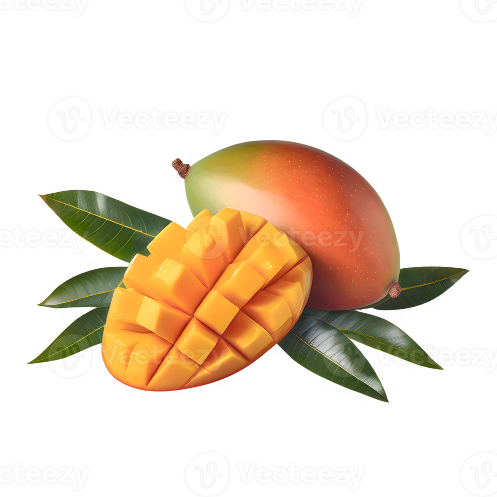 AI generated Mango fruit and sliced with leaves isolated on transparent background png
