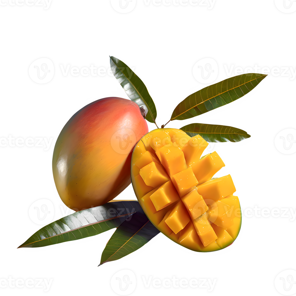 AI generated Mango fruit and sliced with leaves isolated on transparent background png