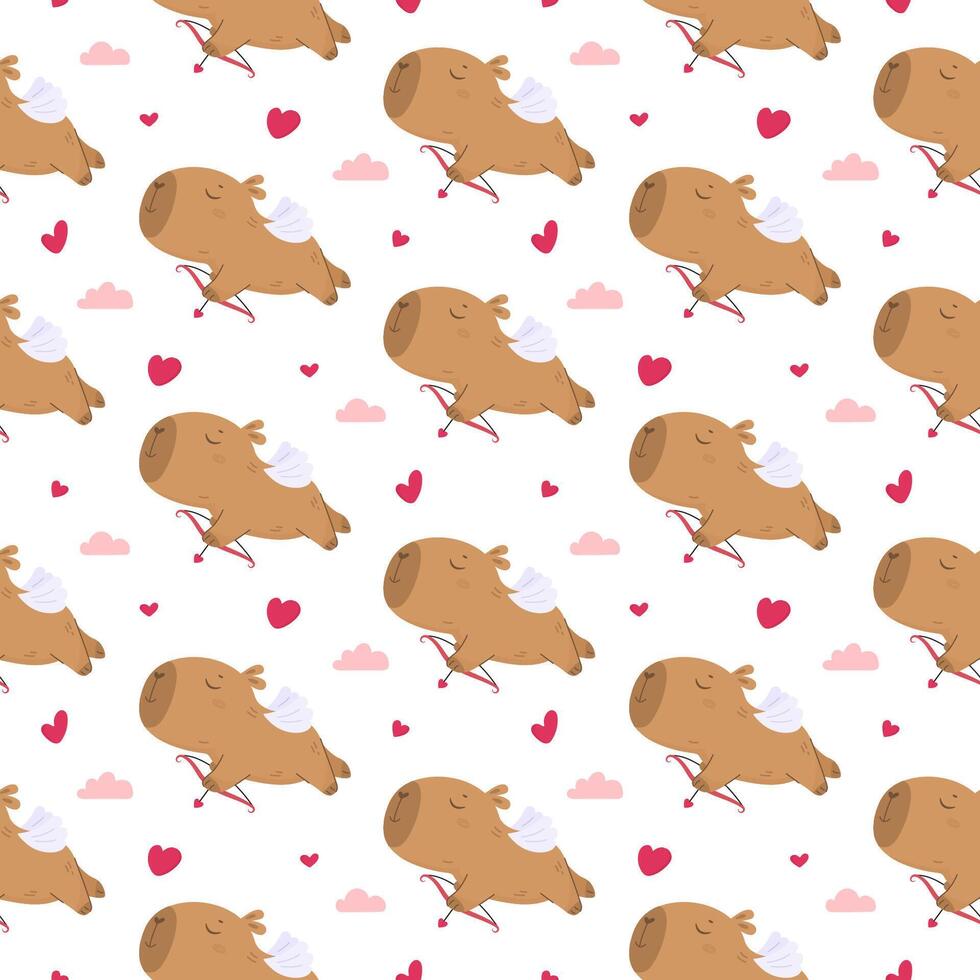 Seamless pattern with funny cupid capybara vector