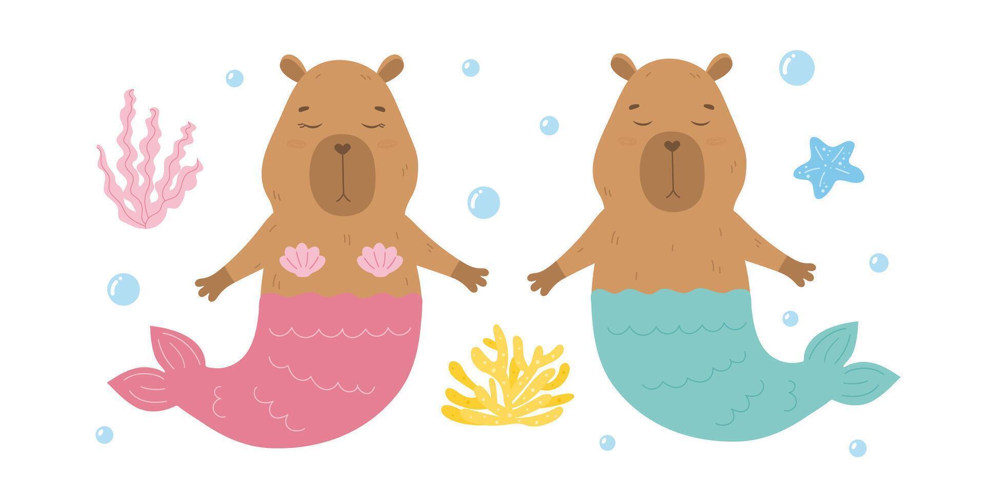 Funny capybara mermaids couples under the sea vector