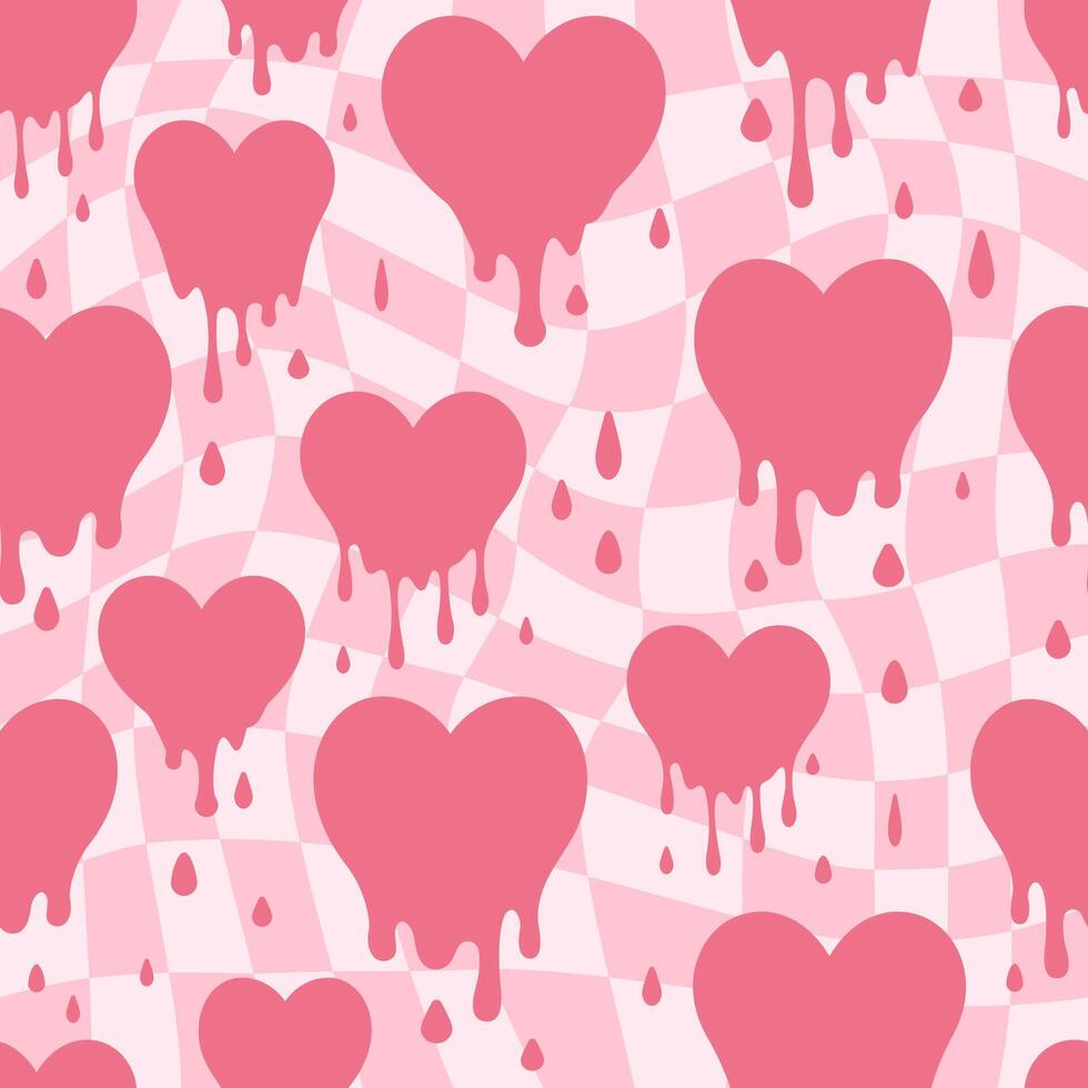 Lovely melted heart background in psychedelic groovy style. Retro Y2k vector seamless pink wallpaper. Trippy liquid graffiti print with distorted symbols. Funky abstract backdrop