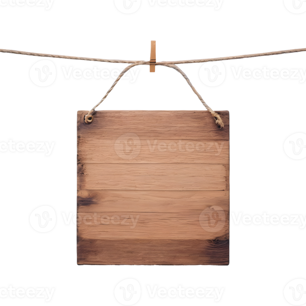 AI generated Wooden sign hanging on rope transparent background isolated png