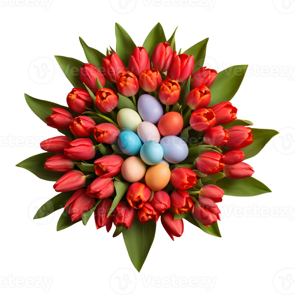 AI generated Colorful easter eggs and red tulips arranged together as a festive bouquet isolated png