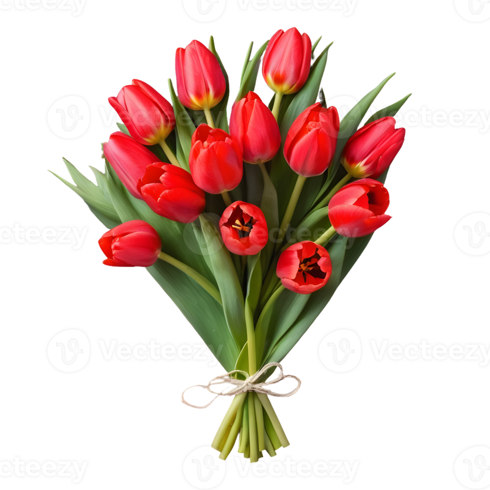 AI generated Colorful easter eggs and red tulips arranged together as a festive bouquet isolated png