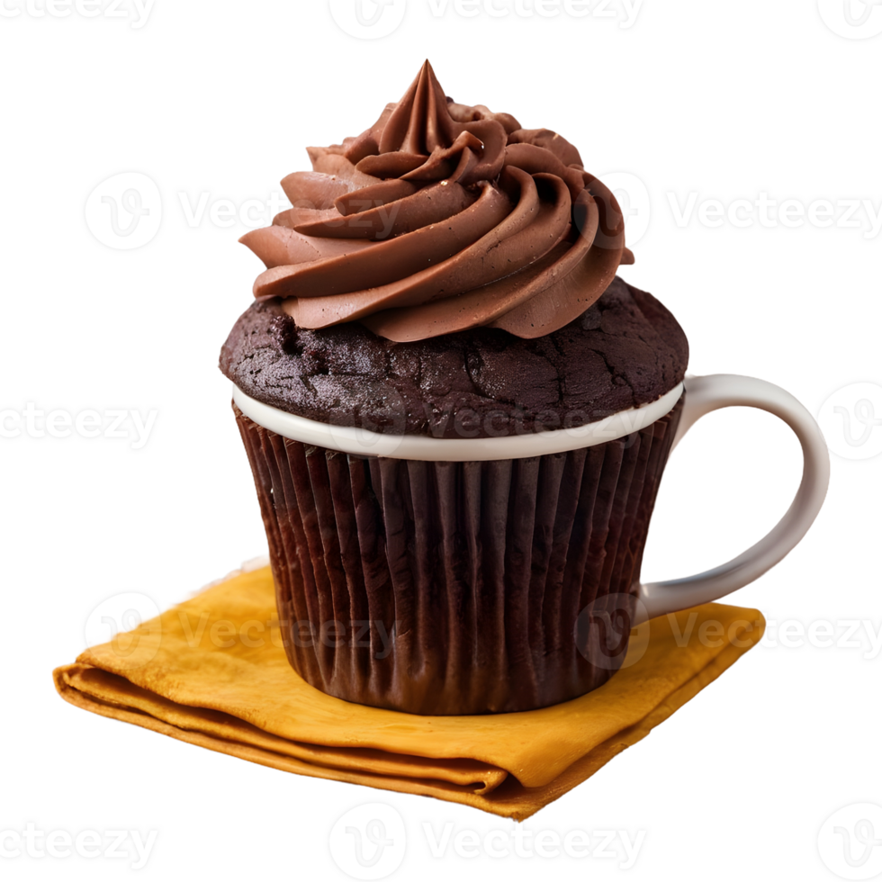 AI generated Chocolate cupcake in a mug placed on a wooden table isolated png