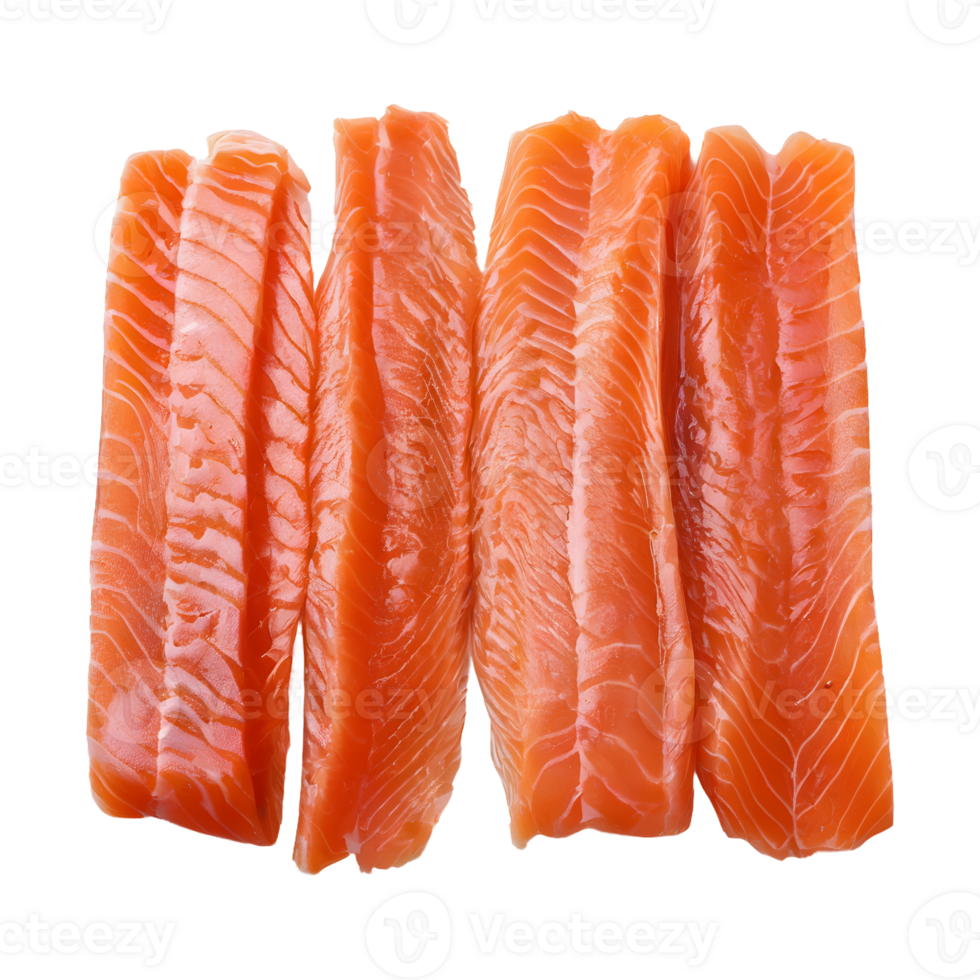 AI generated Segments of smoked salmon separated on a transparent background cut out filaments from prepared fish fillet isolated png