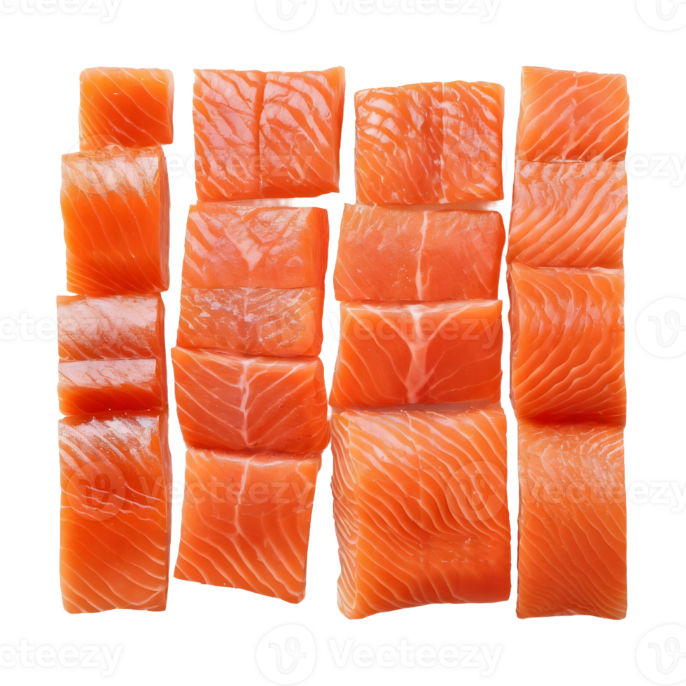 AI generated Segments of smoked salmon separated on a transparent background cut out filaments from prepared fish fillet isolated png