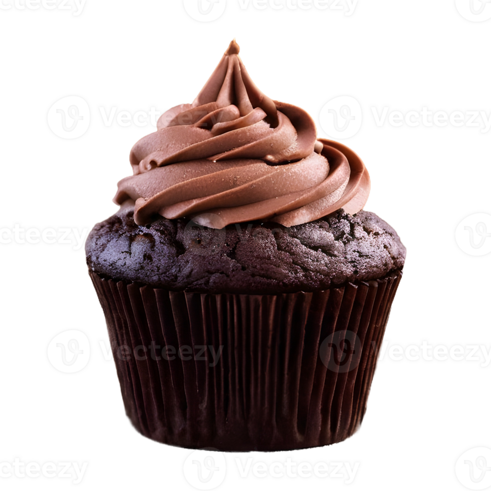 AI generated Chocolate cupcake in a mug placed on a wooden table isolated png