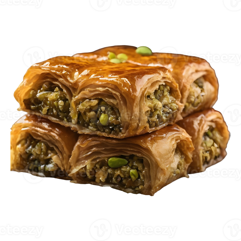 ai généré pistache rempli Baklava trempé dans sirop arrangé dans une rangée sur une noir isolé Contexte une dessert pour Ramadan et de fête occasions isolé png