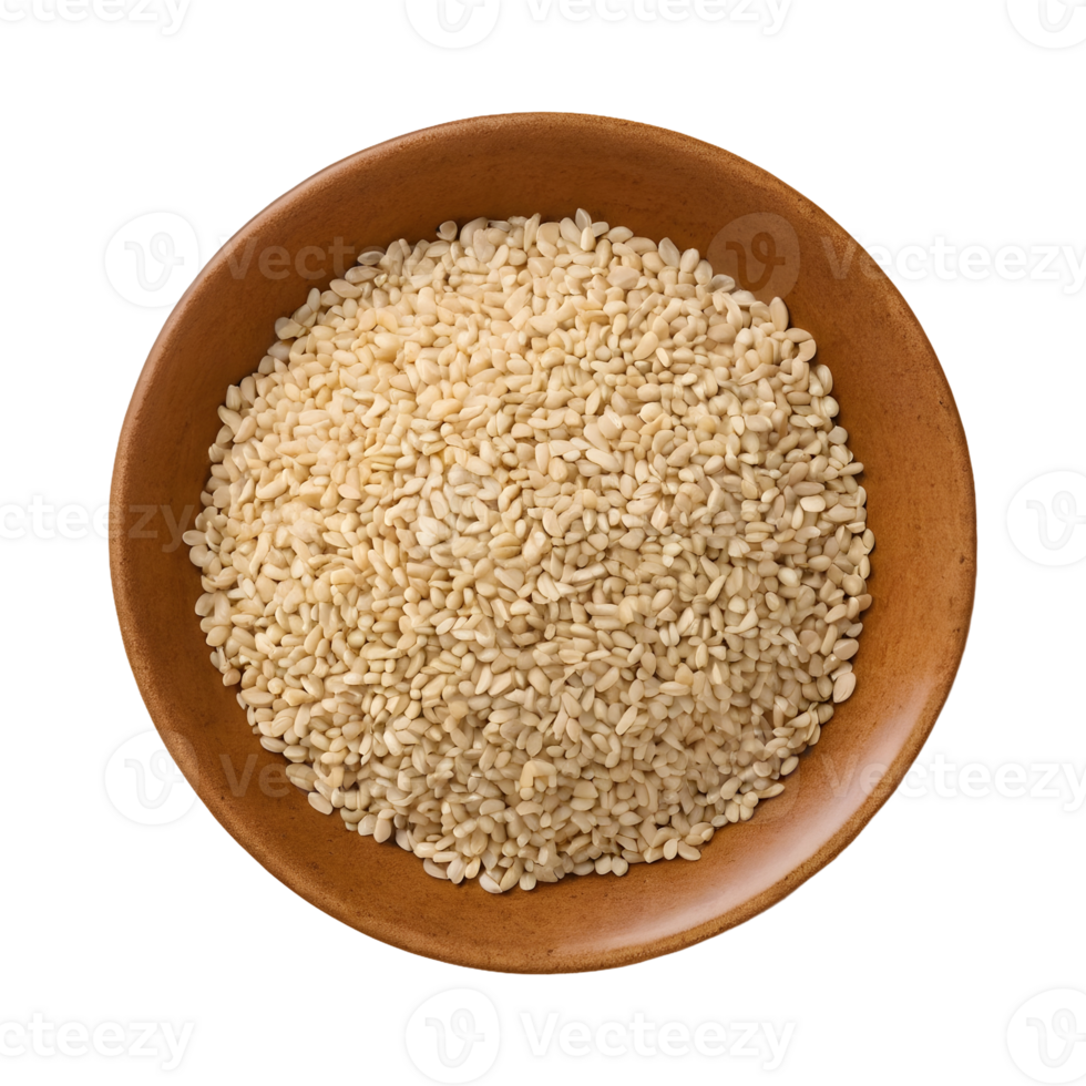 AI generated Closeup of white sesame seeds in a beige bowl cutout organic grains on a plate isolated on a transparent background sesamum indicum for immune boosting diet and calcium source isolated png