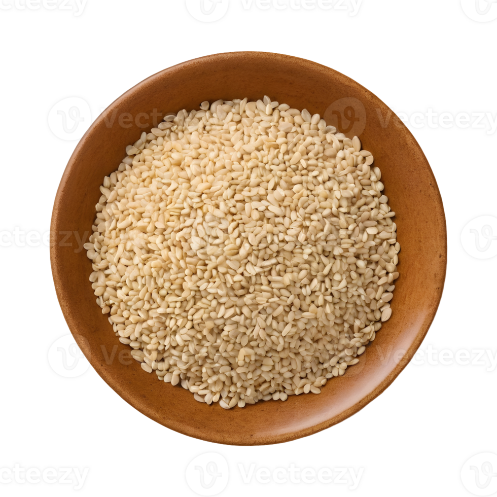 ai généré fermer de blanc sésame des graines dans une beige bol coupé biologique céréales sur une assiette isolé sur une transparent Contexte sésame indice pour immunitaire stimulant régime et calcium la source isolé png