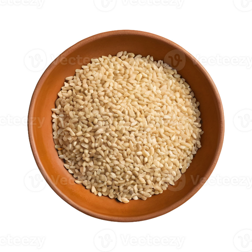AI generated Closeup of white sesame seeds in a beige bowl cutout organic grains on a plate isolated on a transparent background sesamum indicum for immune boosting diet and calcium source isolated png