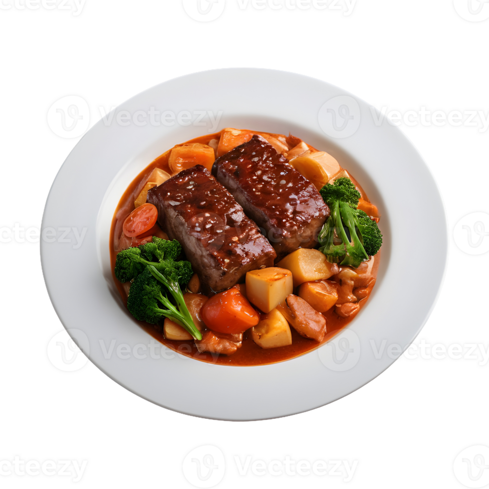 AI generated Gourmet restaurant menu featuring tender meat in sauce and vegetables isolated on transparent background isolated png