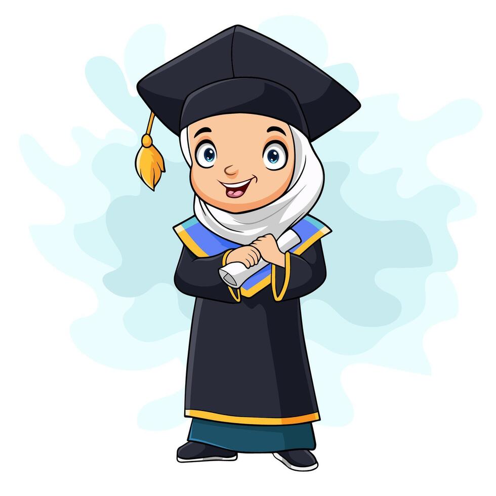 Cartoon headscarf girl in graduation costume holding a diploma vector