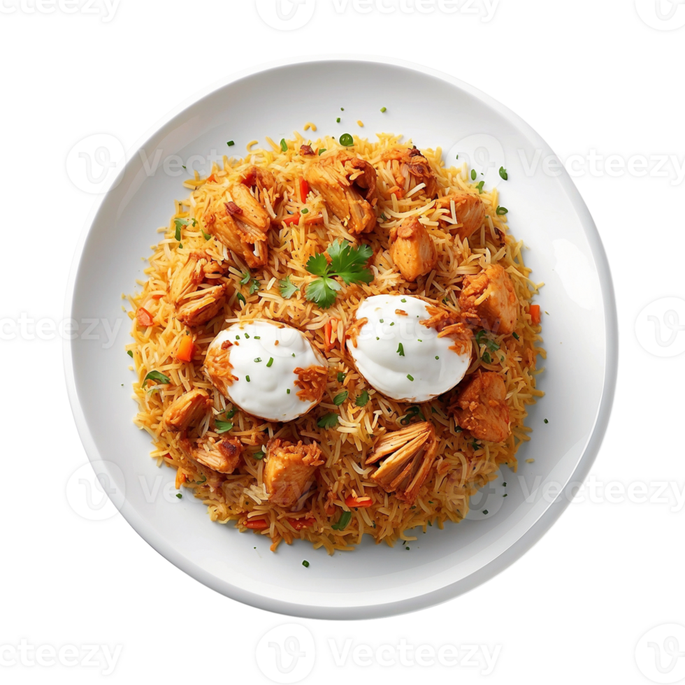 AI generated a top view shot of your Chicken Biryani served in a pristine white plate Pro PNG