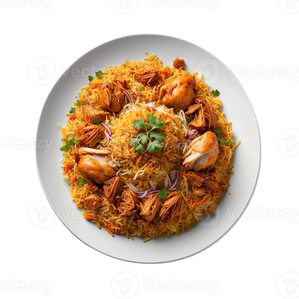 AI generated Top view photograph of your Chicken Biryani presented in a white plate Pro PNG