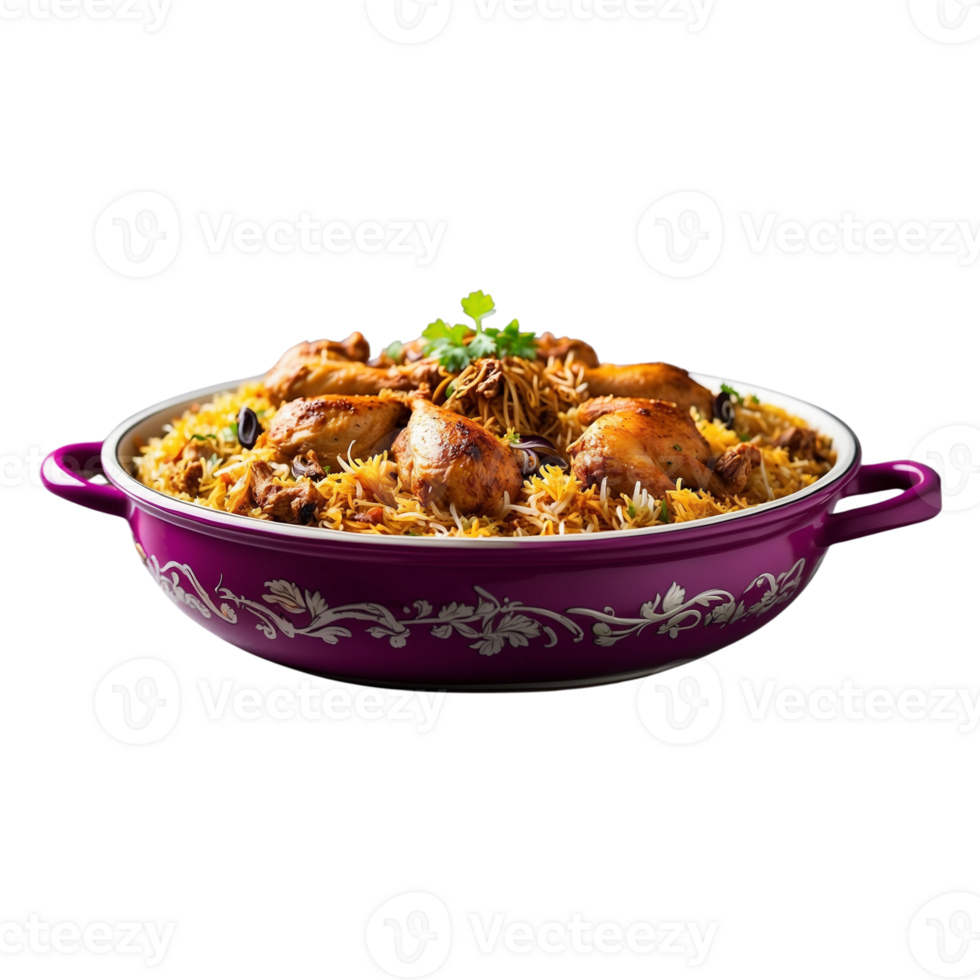 AI generated delicious Chicken Biryani in a single frame, beautifully presented in a dish Pro PNG