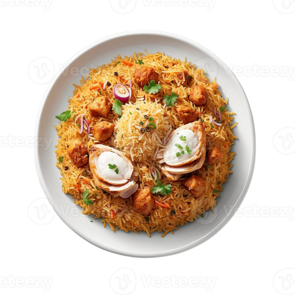 AI generated a top view shot of your Chicken Biryani served in a pristine white plate Pro PNG