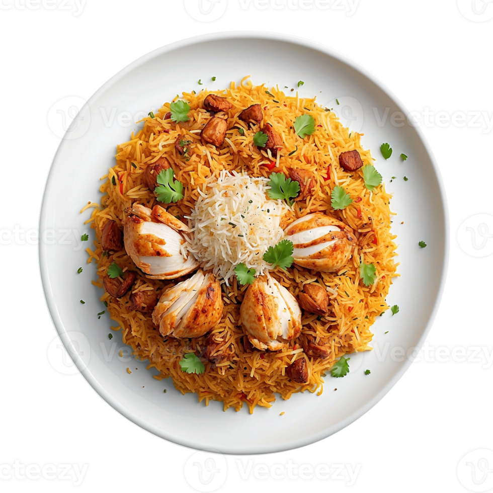 AI generated a top view shot of your Chicken Biryani served in a pristine white plate Pro PNG