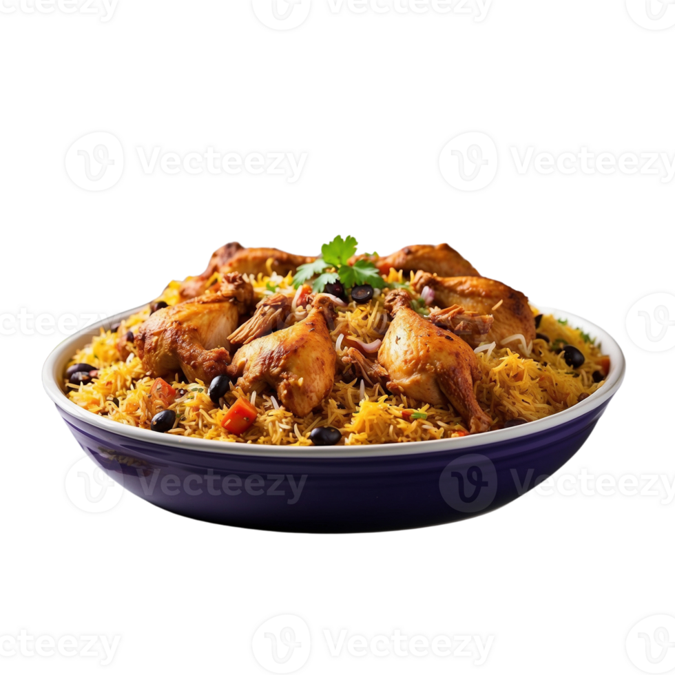 ai généré délicieux poulet biryani dans une Célibataire cadre, magnifiquement présenté dans une plat pro png