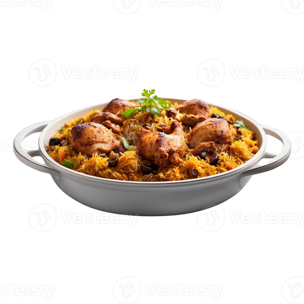 AI generated delicious Chicken Biryani in a single frame, beautifully presented in a dish Pro PNG