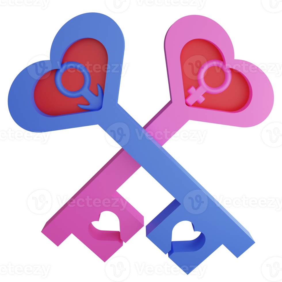 Key of love clipart flat design icon isolated on transparent background, 3D render Valentine concept png
