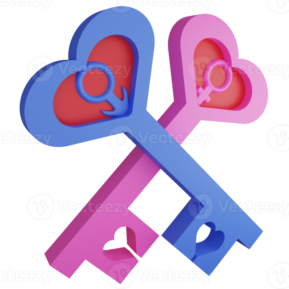 Key of love clipart flat design icon isolated on transparent background, 3D render Valentine concept png