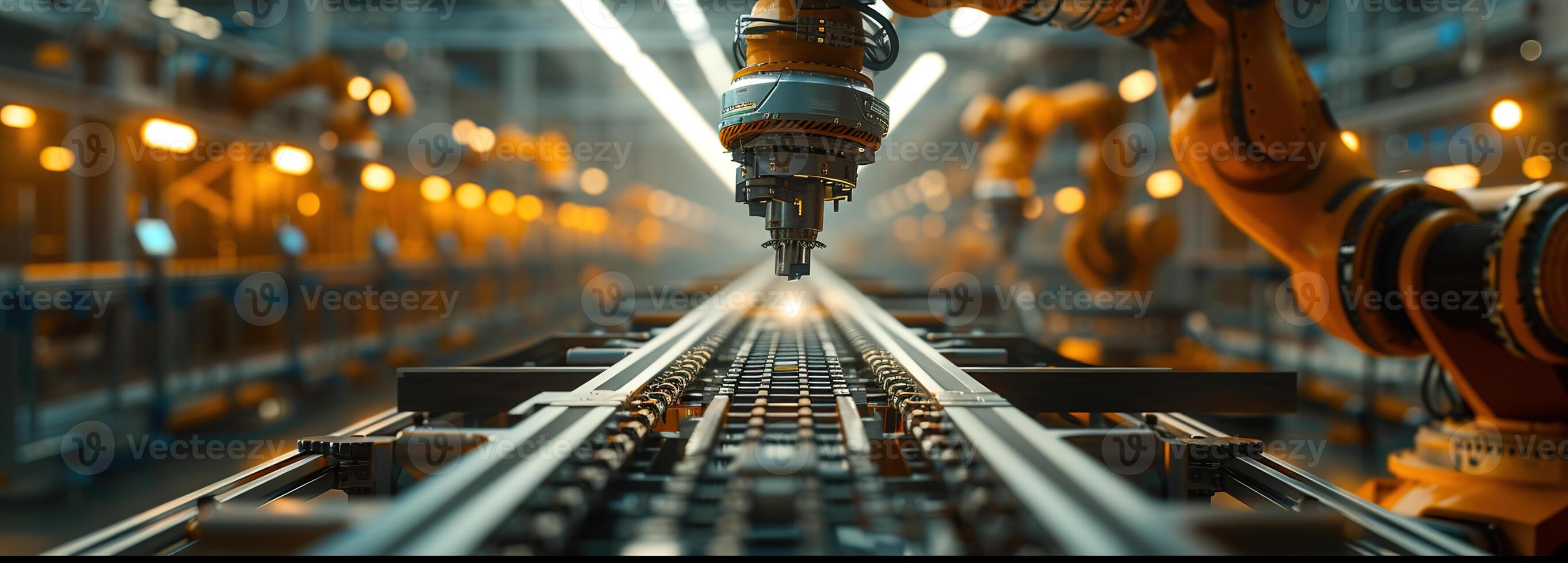 ai generado avanzado robótico montaje líneas en un vasto industrial fábrica, iluminado por el calentar resplandor de tarde luz, exhibiendo el futuro de industrial automatización foto