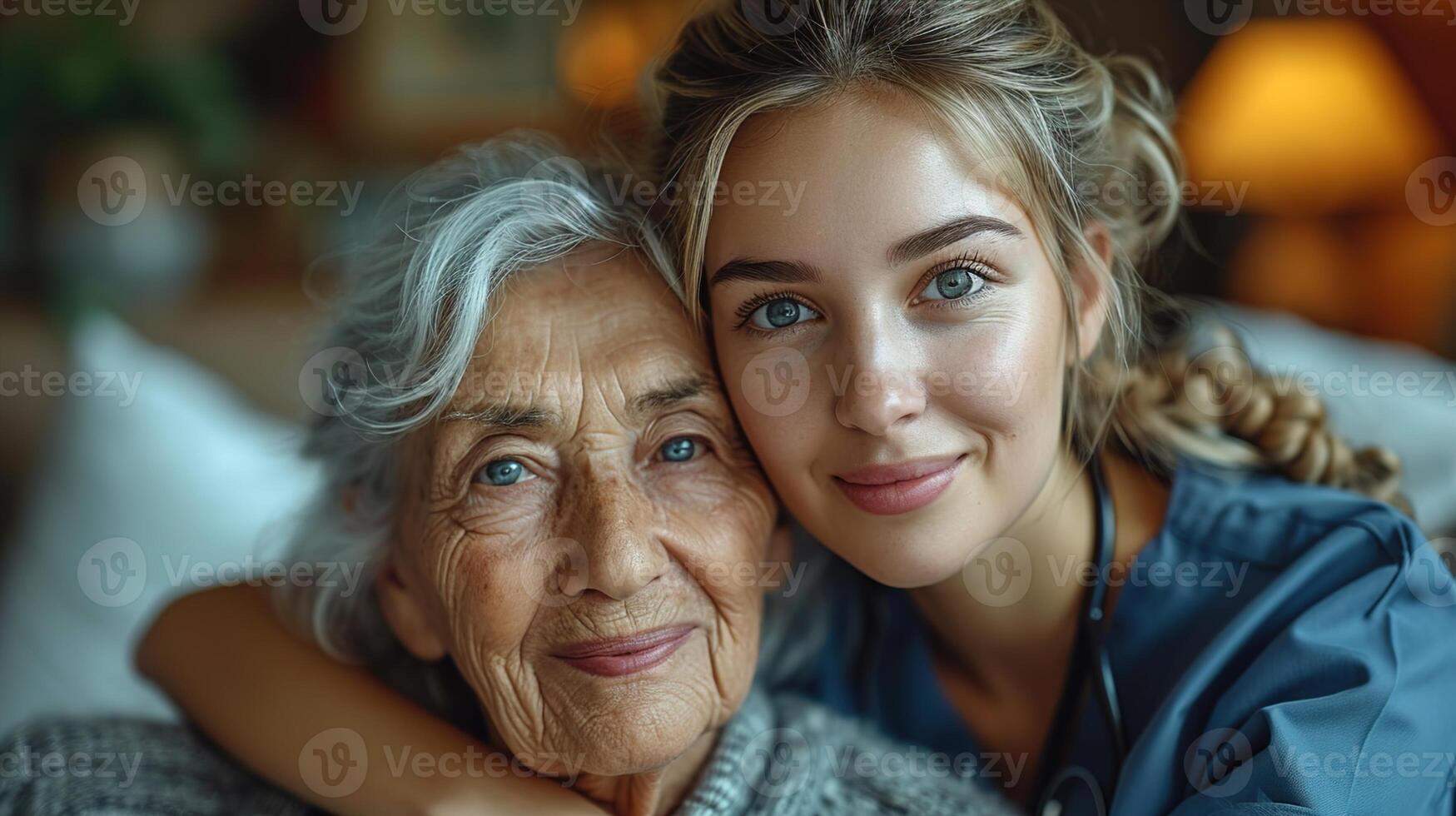 AI generated Professional care at home, A young nurse attends to a senior woman, ensuring health support and compassionate eldercare in a comfortable setting,  nursing and caregiver concept photo