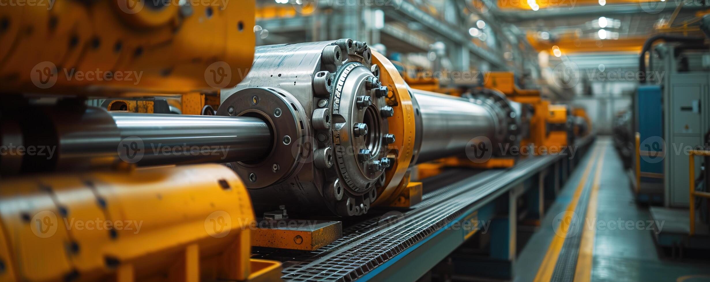 ai generado pesado maquinaria a trabajo dentro un grande fábrica iluminado por el calentar resplandor de tarde luz, exhibiendo industrial precisión y tecnología foto