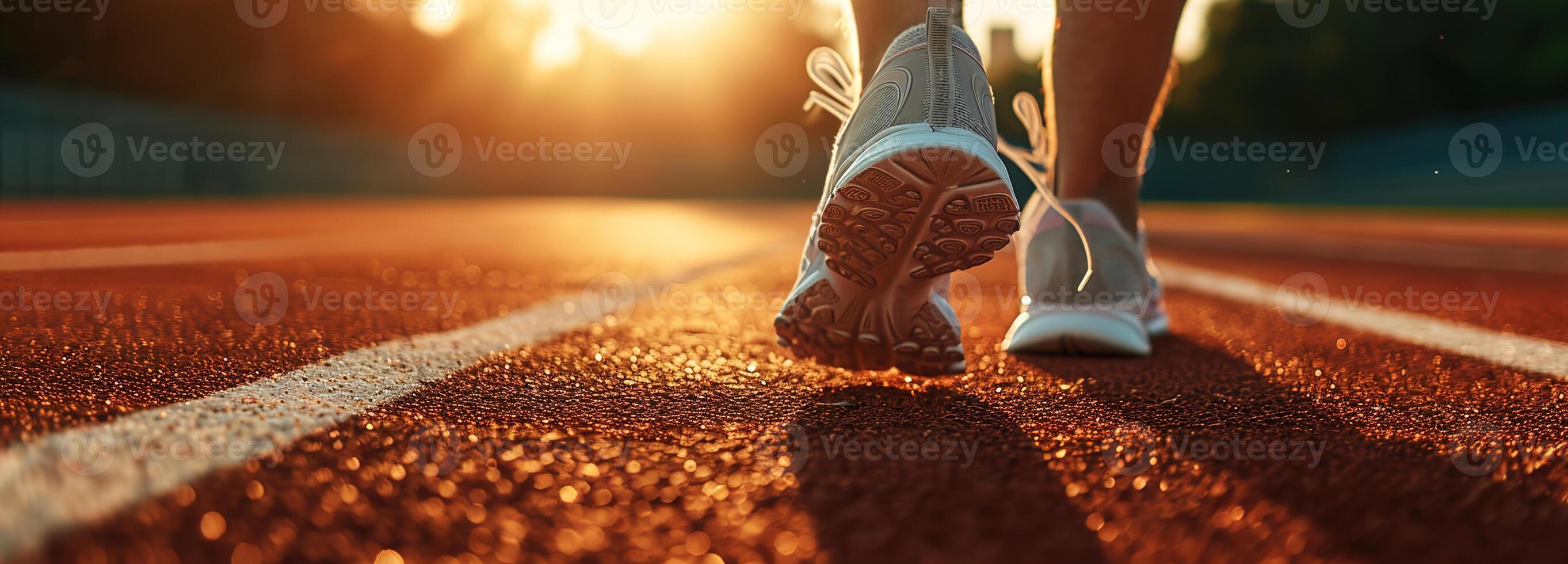 AI generated Male athlete's feet in running shoes on stadium starting line, poised for track and field event, capturing essence of sports dedication and marathon preparation, runner and health concept photo