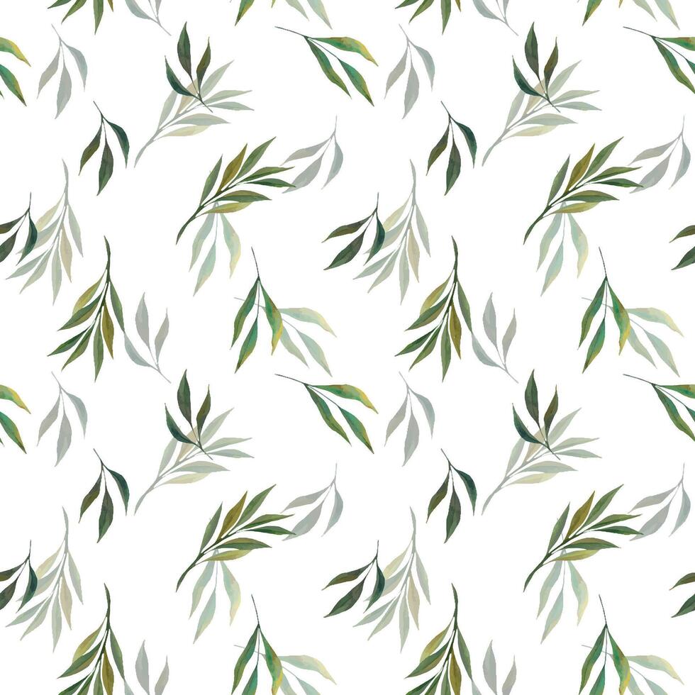 Seamless watercolor pattern with green leaves. Summer background with branches and leaves. Watercolor floral illustration on a white background vector