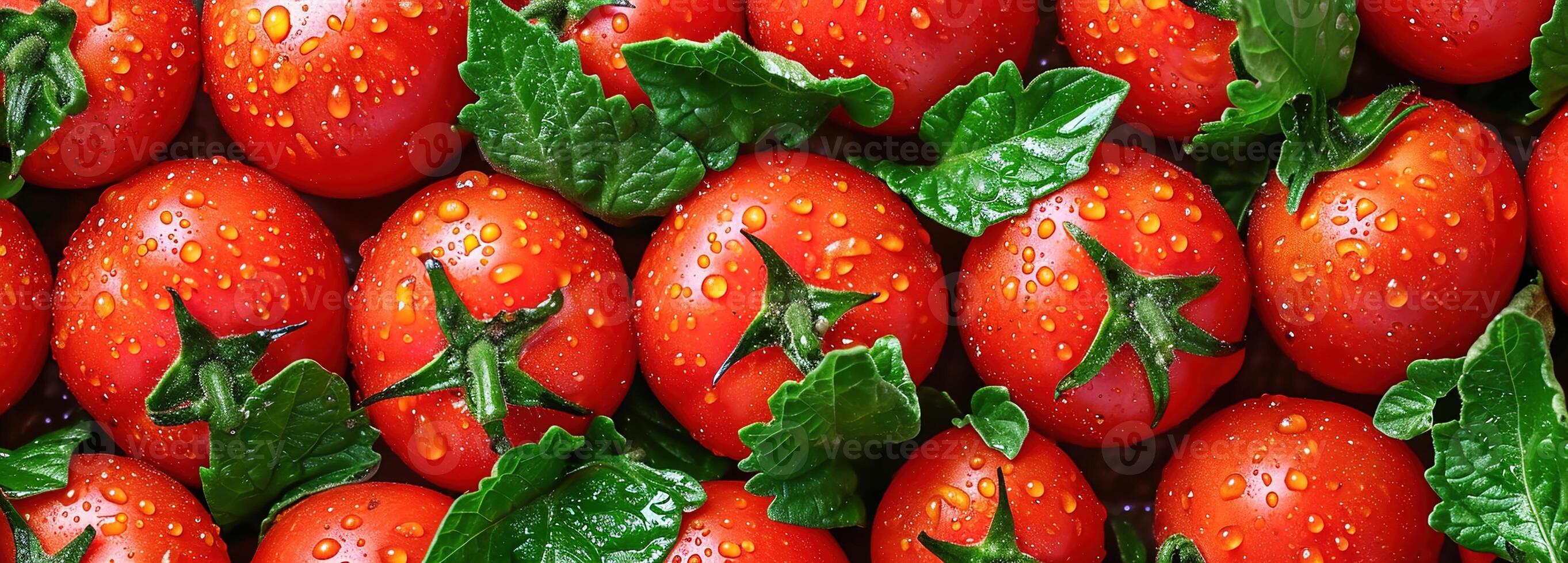AI generated Lush Red Tomato with Fresh Green Leaves, Vibrant Top View, Perfect for Culinary Use, Freshly Picked with Glistening Water Drops, Fresh tomato background photo