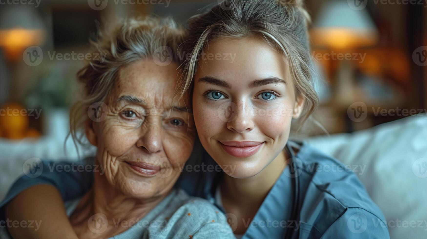 AI generated Professional care at home, A young nurse attends to a senior woman, ensuring health support and compassionate eldercare in a comfortable setting,  nursing and caregiver concept photo