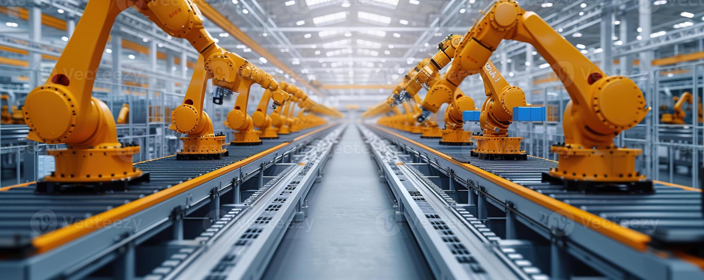 AI generated Advanced robotic assembly lines in a vast industrial factory, illuminated by the warm glow of afternoon light, showcasing the future of industrial automation photo