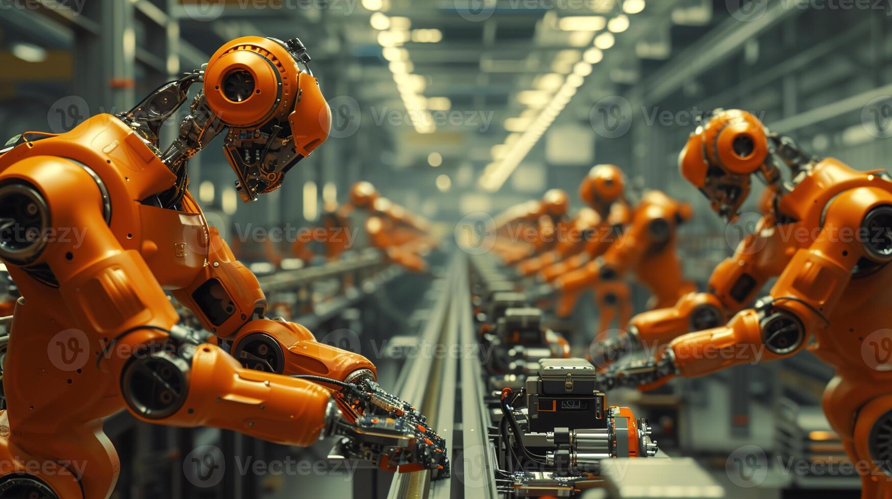 AI generated Advanced robotic assembly lines in a vast industrial factory, illuminated by the warm glow of afternoon light, showcasing the future of industrial automation photo