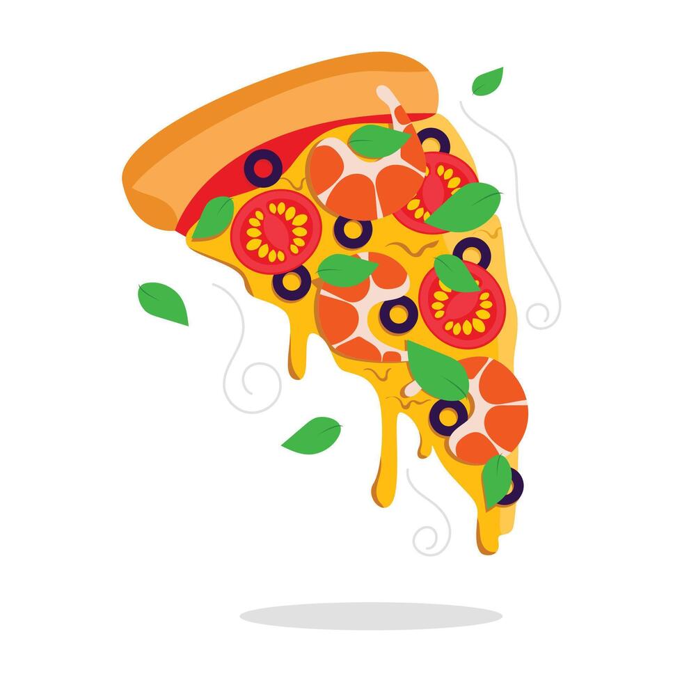 Juicy slice of pizza with shrimp, tomatoes, melted cheese, crispy crust, olives and fresh basil leaves. Vector graphic.