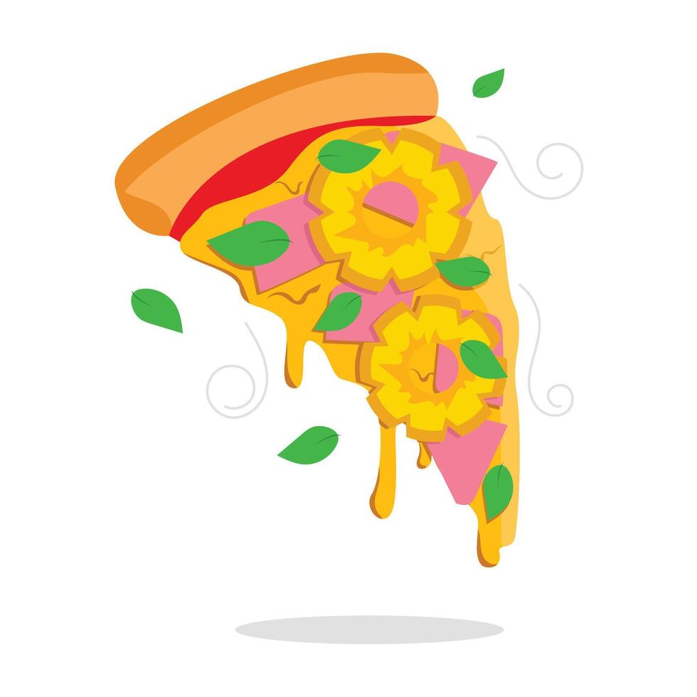 Juicy slice of Hawaiian pizza with pineapple, ham, melted cheese, crispy crust and fresh basil leaves. Vector graphic.