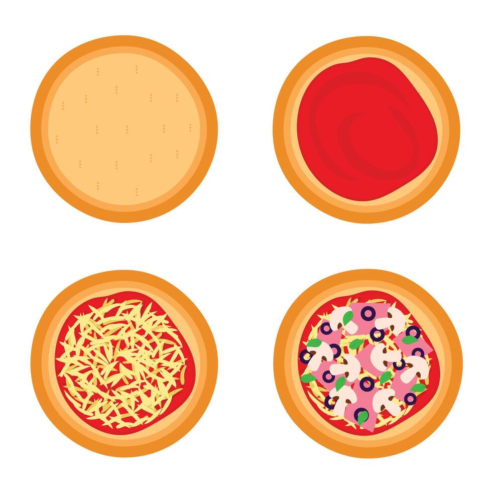 Stages of preparing pizza with ham and mushrooms. Vector graphics.