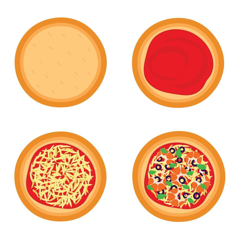 Steps for preparing shrimp pizza. Vector graphic.